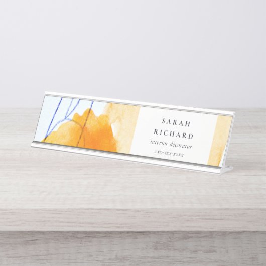 抽象芸術芸術的イエローブルーウォーターカラーアート デスクネームプレート (正面)