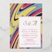 抽象芸術芸術的カラフルシモダンックバラ金ゴールド 箔招待状 (正面)