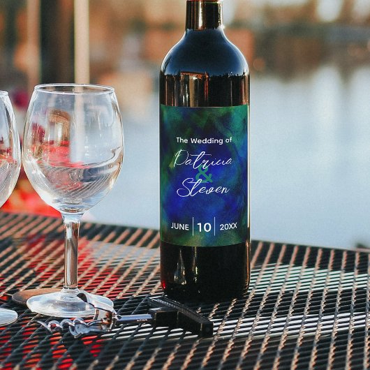 抽象芸術芸術的ダークブルー結婚グリーンボトル ワインラベル