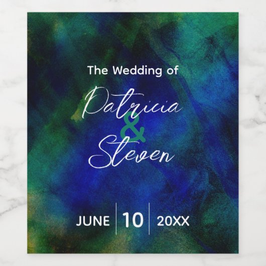 抽象芸術芸術的ダークブルー結婚グリーンボトル ワインラベル (シングルラベル)