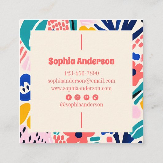抽象芸術芸術的フローラ-トレンディーカラフルスクエア スクエア名刺 (裏面)
