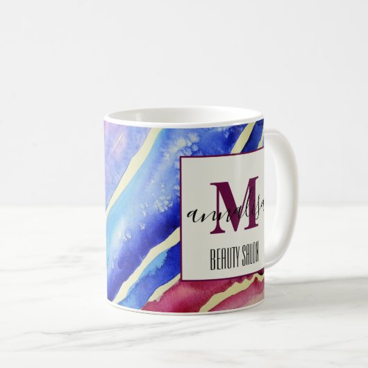 抽象芸術芸術的ブルーピンク美しいサロンモノグラム コーヒーマグカップ (正面右)