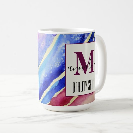 抽象芸術芸術的ブルーピンク美しいサロンモノグラム コーヒーマグカップ (正面右)