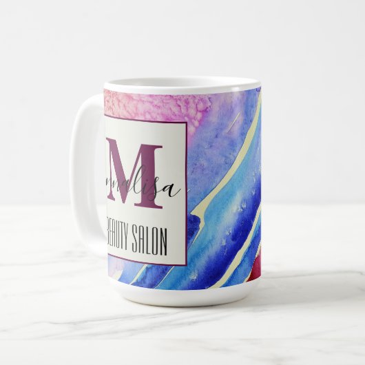 抽象芸術芸術的ブルーピンク美しいサロンモノグラム コーヒーマグカップ (正面左)
