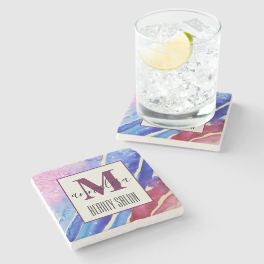 抽象芸術芸術的ブルーピンク美しいサロンモノグラム ストーンコースター (横)