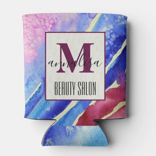 抽象芸術芸術的ブルーピンク美しいサロンモノグラム 缶クーラー (裏面)