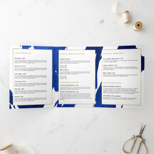 抽象芸術藍青ブラシストロークのパンフレット 三つ折りカード (内部)