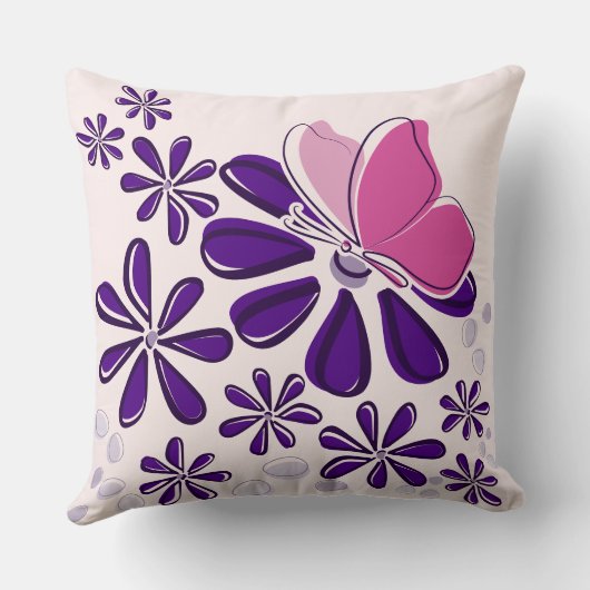 抽象芸術蝶と花ピンクと紫の芸術 クッション (裏面)