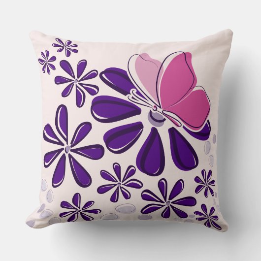 抽象芸術蝶と花ピンクと紫の芸術 クッション (正面)