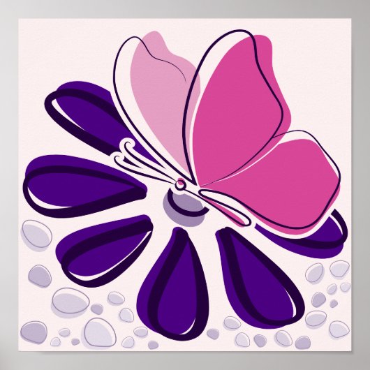 抽象芸術蝶と花ピンクと紫の芸術 ポスター (正面)