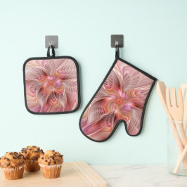 抽象芸術蝶カラフルファンタジーフラクタル 鍋つかみ&鍋敷きセット