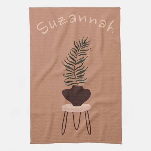 抽象芸術表現主義テラコッタパームリーフ&花瓶 キッチンタオル (縦)