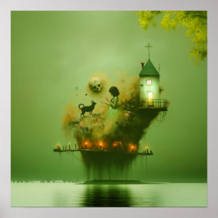 抽象芸術角キャットグリーンウィッチーAIアートマットバリュー ポスター