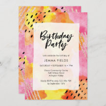抽象芸術誕生日招待状 | ピンクとオレンジ