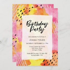 抽象芸術誕生日招待状 | ピンクとオレンジ 招待状