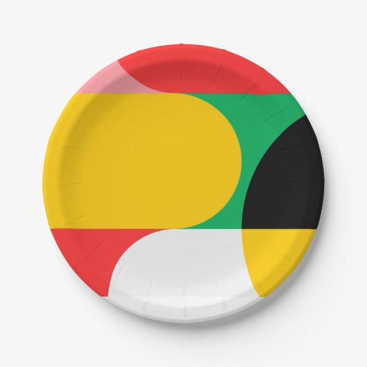 抽象芸術赤い黄色の幾何学的パターンのクリスマス ペーパープレート (正面)