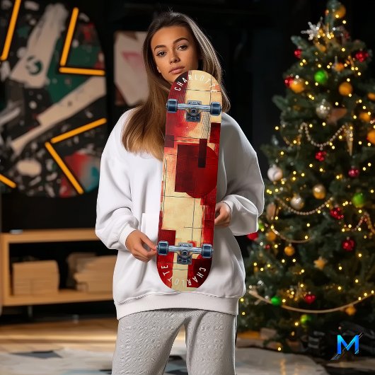 抽象芸術赤とベージュの幾何学的なスケートボードデッキ スケートボード