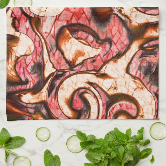 抽象芸術赤と木質スタイルの珊瑚斑 キッチンタオル (折り畳み)