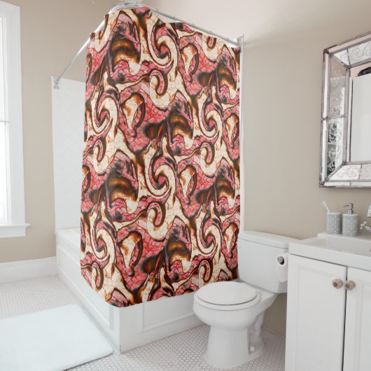 抽象芸術赤と木質スタイルの珊瑚斑 シャワーカーテン (インサイチュ)