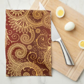 抽象芸術赤と金ゴールドの花柄 キッチンタオル (四つ折り)