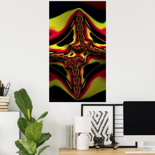 抽象芸術赤と黄色のエイリアンバックボーンフラクタルアート ポスター (ホームオフィス)