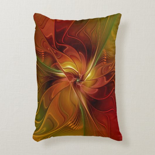 抽象芸術赤オレンジ色の茶色の緑のフラクタルアートフラワー アクセントクッション (正面(垂直))