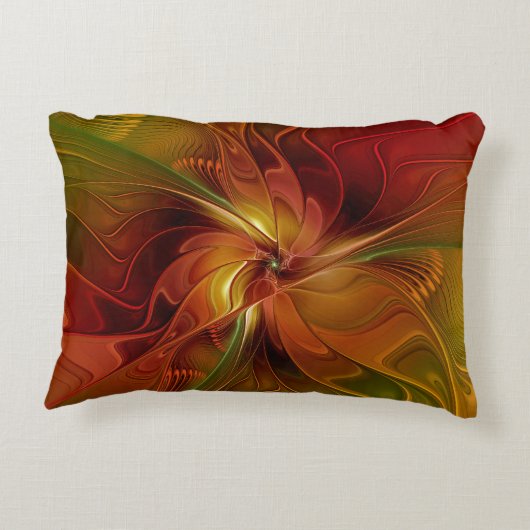 抽象芸術赤オレンジ色の茶色の緑のフラクタルアートフラワー アクセントクッション (裏面)