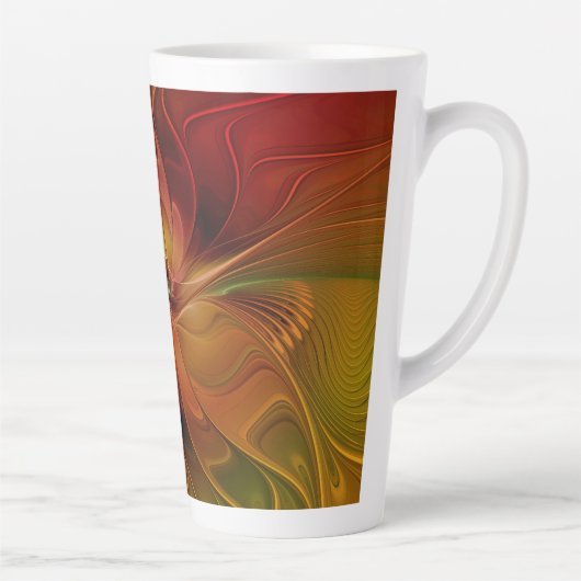 抽象芸術赤オレンジ色の茶色の緑のフラクタルアートフラワー カフェラテマグ (右)