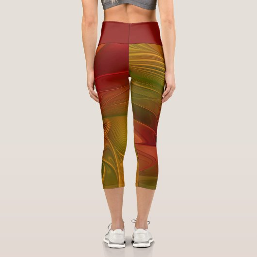 抽象芸術赤オレンジ色の茶色の緑のフラクタルアートフラワー カプリレギンス (裏面)