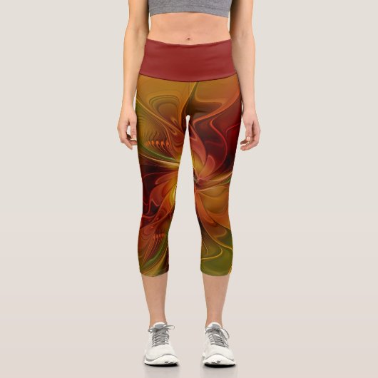 抽象芸術赤オレンジ色の茶色の緑のフラクタルアートフラワー カプリレギンス (正面)