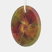 抽象芸術赤オレンジ色の茶色の緑のフラクタルアートフラワー ガラスオーナメント (正面左)