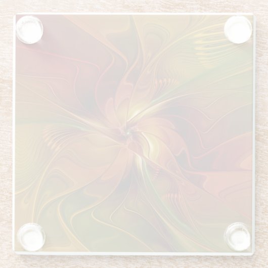 抽象芸術赤オレンジ色の茶色の緑のフラクタルアートフラワー ガラスコースター (裏面)