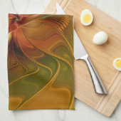 抽象芸術赤オレンジ色の茶色の緑のフラクタルアートフラワー キッチンタオル (四つ折り)