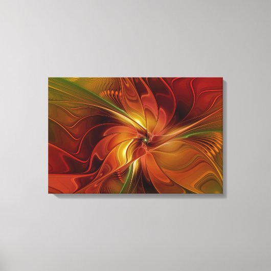 抽象芸術赤オレンジ色の茶色の緑のフラクタルアートフラワー キャンバスプリント (正面)