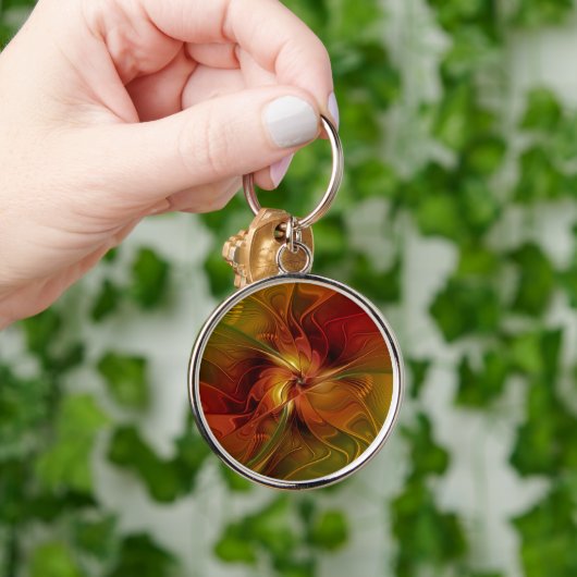 抽象芸術赤オレンジ色の茶色の緑のフラクタルアートフラワー キーホルダー (手)