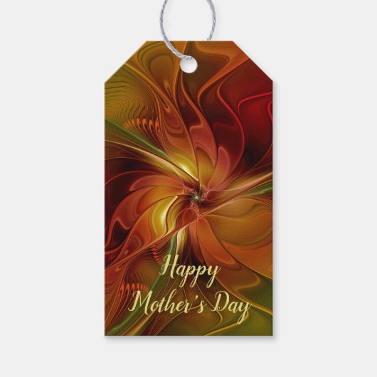 抽象芸術赤オレンジ色の茶色の緑のフラクタルアートフラワー ギフトタグ (正面)