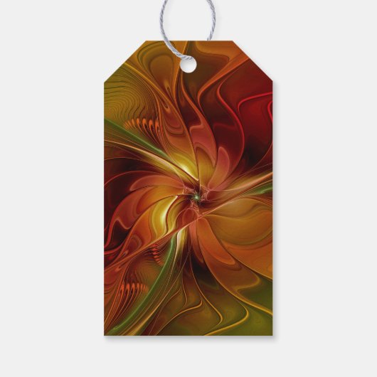 抽象芸術赤オレンジ色の茶色の緑のフラクタルアートフラワー ギフトタグ (裏面)