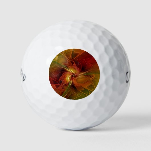 抽象芸術赤オレンジ色の茶色の緑のフラクタルアートフラワー ゴルフボール (正面)