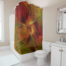 抽象芸術赤オレンジ色の茶色の緑のフラクタルアートフラワー シャワーカーテン