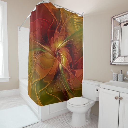 抽象芸術赤オレンジ色の茶色の緑のフラクタルアートフラワー シャワーカーテン (インサイチュ)
