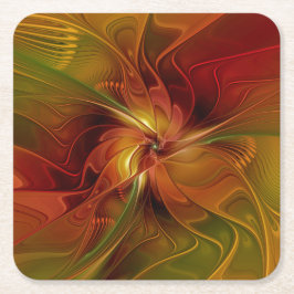 抽象芸術赤オレンジ色の茶色の緑のフラクタルアートフラワー スクエアペーパーコースター