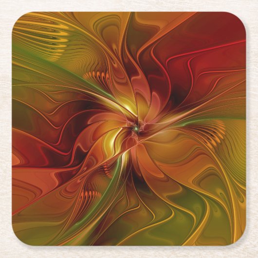 抽象芸術赤オレンジ色の茶色の緑のフラクタルアートフラワー スクエアペーパーコースター (正面)