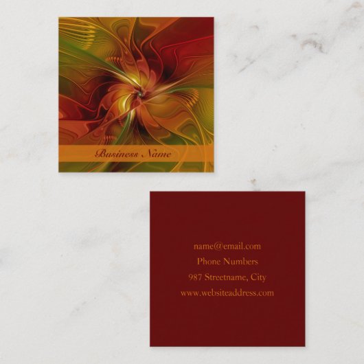 抽象芸術赤オレンジ色の茶色の緑のフラクタルアートフラワー スクエア名刺 (正面/裏面)