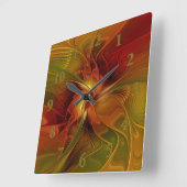 抽象芸術赤オレンジ色の茶色の緑のフラクタルアートフラワー スクエア壁時計 (傾斜)