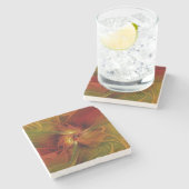 抽象芸術赤オレンジ色の茶色の緑のフラクタルアートフラワー ストーンコースター (横)