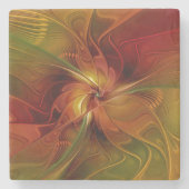 抽象芸術赤オレンジ色の茶色の緑のフラクタルアートフラワー ストーンコースター (正面)