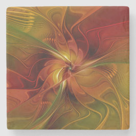抽象芸術赤オレンジ色の茶色の緑のフラクタルアートフラワー ストーンコースター