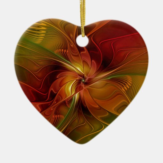 抽象芸術赤オレンジ色の茶色の緑のフラクタルアートフラワー セラミックオーナメント (正面)