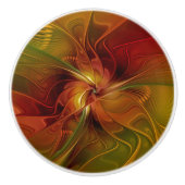 抽象芸術赤オレンジ色の茶色の緑のフラクタルアートフラワー セラミックノブ (正面)