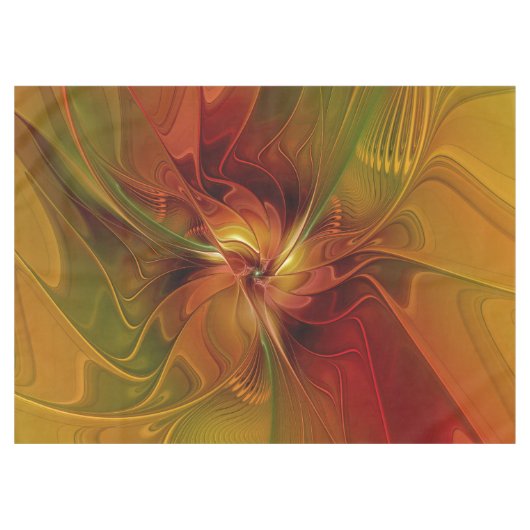 抽象芸術赤オレンジ色の茶色の緑のフラクタルアートフラワー テーブルクロス (正面(横))